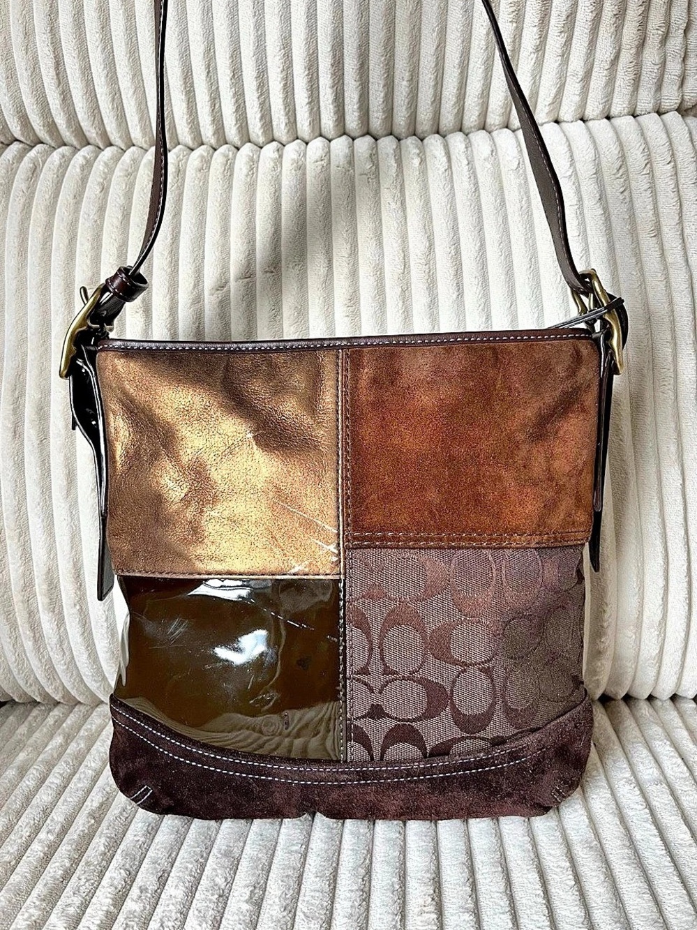 Vintage Coach Signature Patchwork Shoulder Bag Brown Gold Y2K F10421🪵🤎🍂🍁🪵☕️